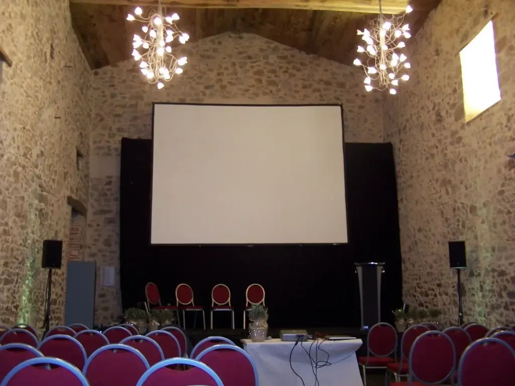 Salle équipée d'un écran et de chaises pour une conférence